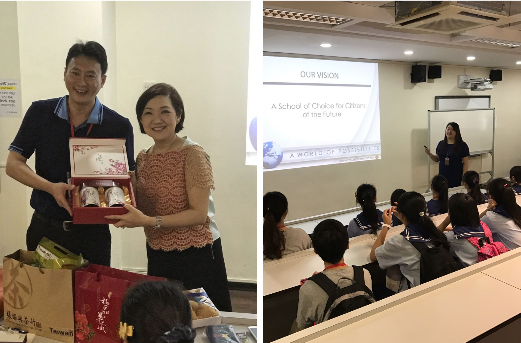 Two people hold a gift box while nearby a woman presents a school vision slide to seated students in a classroom.